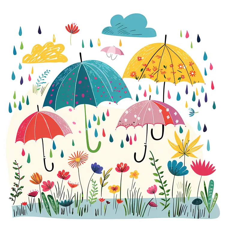 Colorful Umbrellas in a Rainy Garden