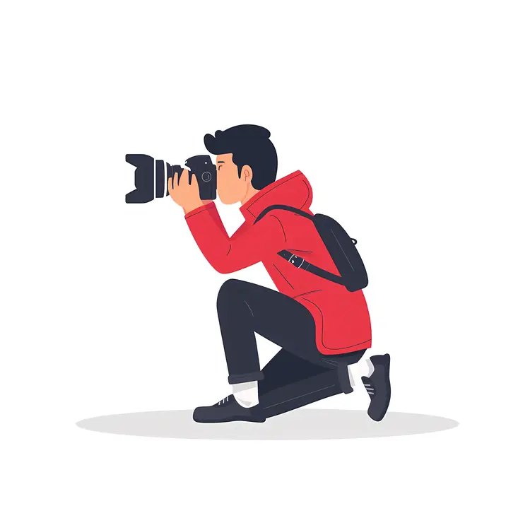 Photographer in Red Jacket Kneeling with Camera