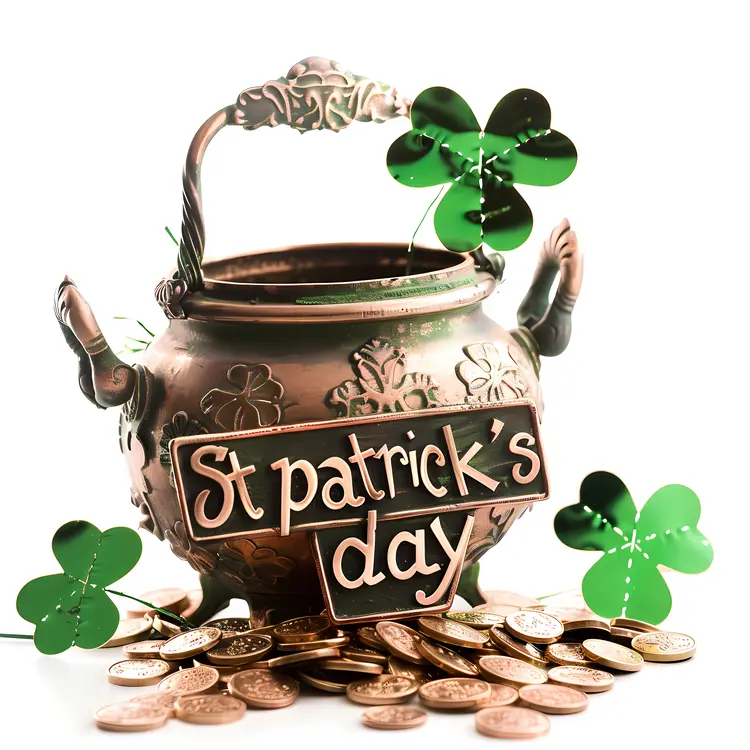 Bronze Pot with Gold Coins and Shamrocks for St. Patrick's Day