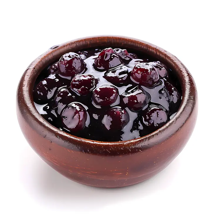 Blueberries with Juice in Wooden Bowl