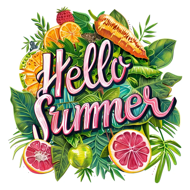 Hello Summer Text with Fruits and Leaves
