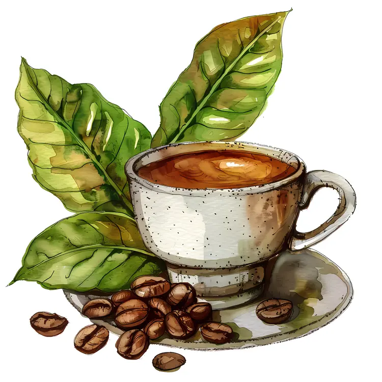 Coffee Cup with Beans and Leaves