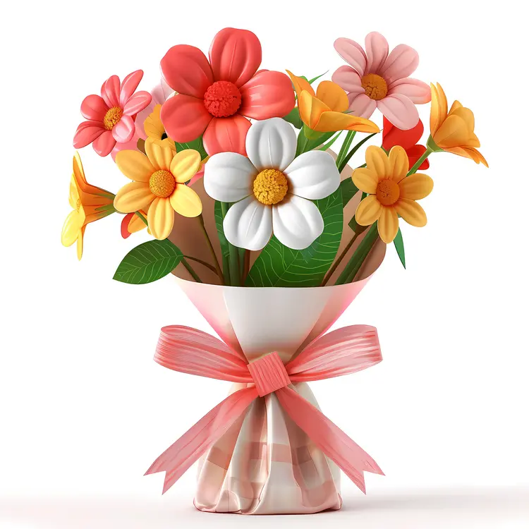 Colorful Flower Bouquet with Pink Ribbon
