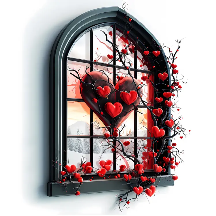 Dark Window with Red Hearts and Vines