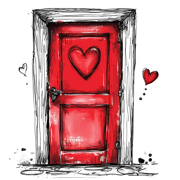 Artistic Red Door with Heart Sketch