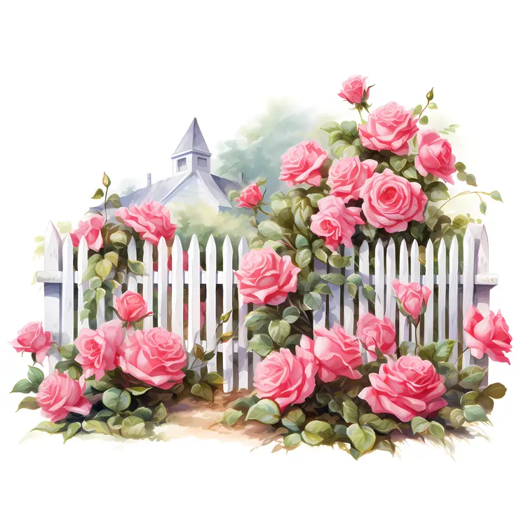 Pink Roses Blooming on a White Fence with a House in the Background