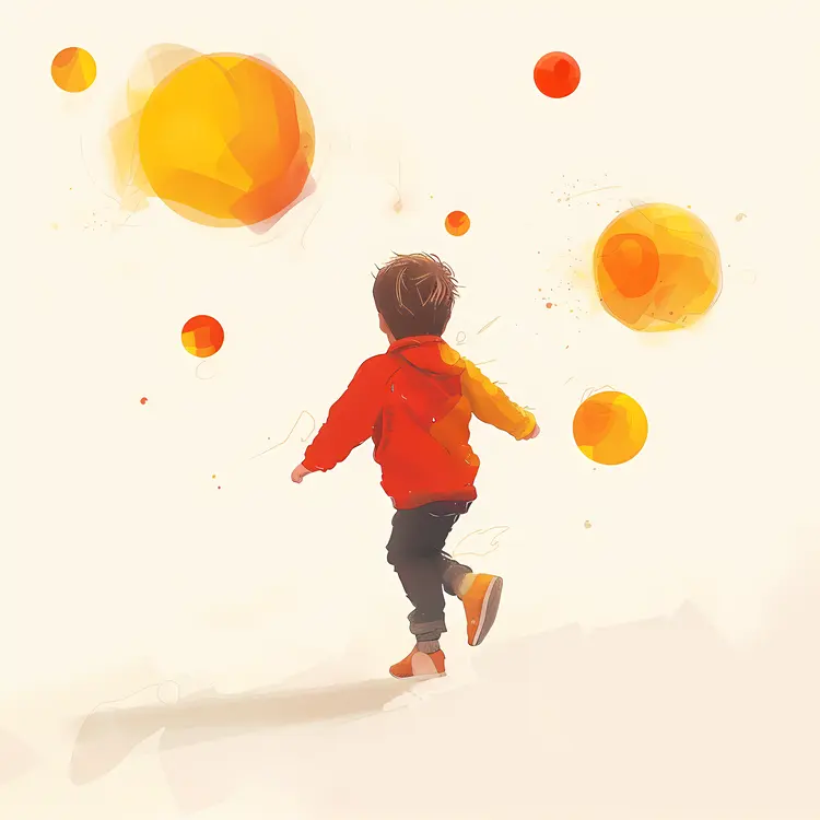 Child Running with Orange Bubbles