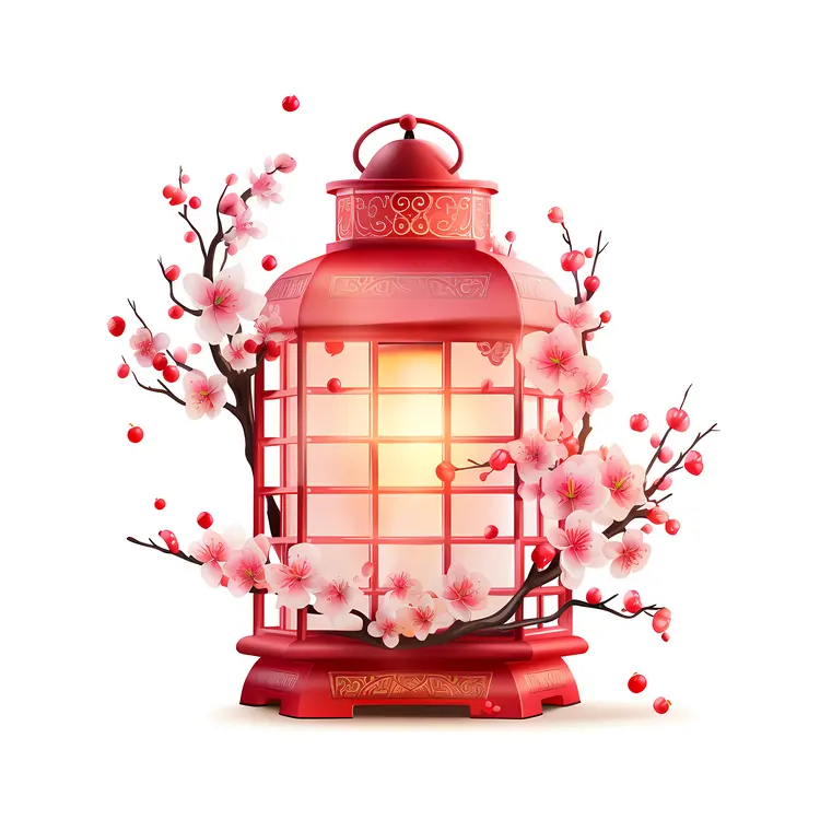 Red Lantern with Cherry Blossoms for Chinese New Year
