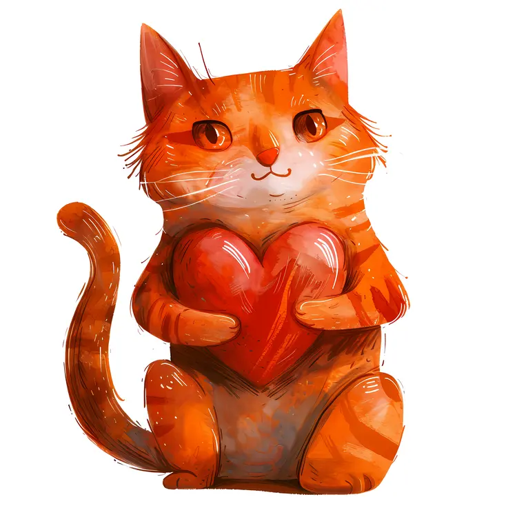 Sweet Orange Cat Holding a Heart
