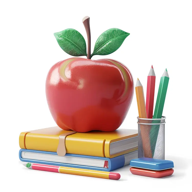 Apple and Books with Colorful Pencils