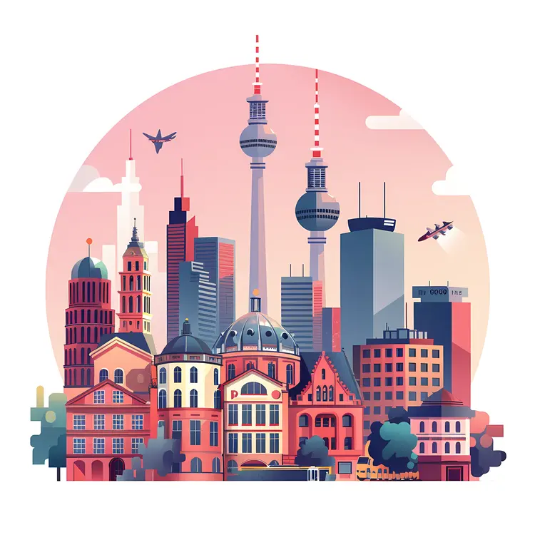 Cityscape with Historical and Modern Buildings at Sunset