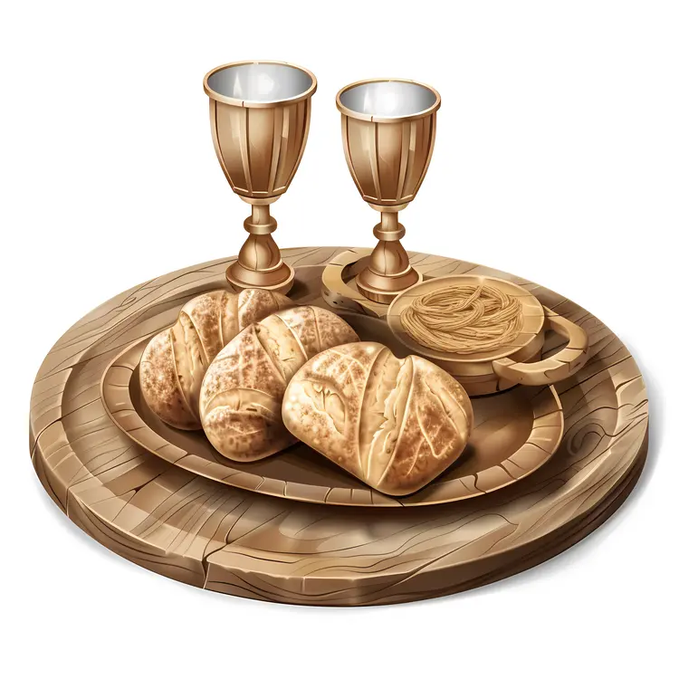 Bread and Wine on Wooden Plate