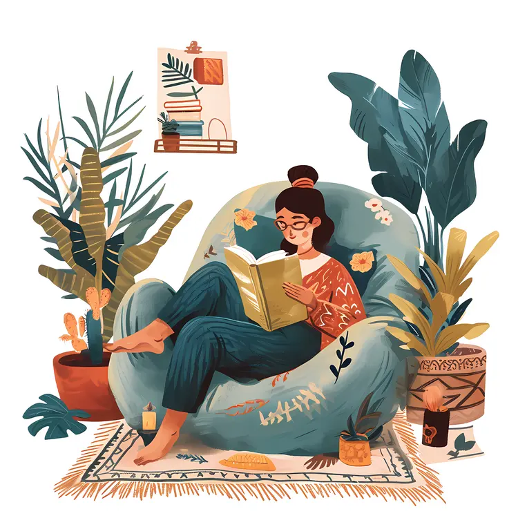Woman Reading in Cozy Chair with Plants