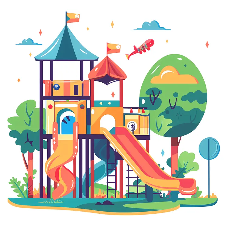 Colorful Playground with Slides and Trees