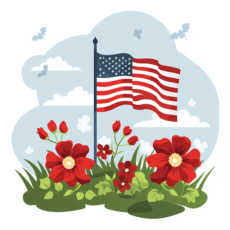 American Flag in a Flower Garden