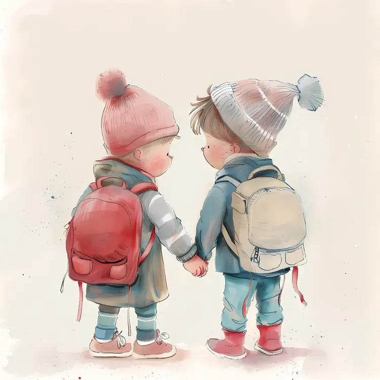 Cute Children with Backpacks Holding Hands in Winter