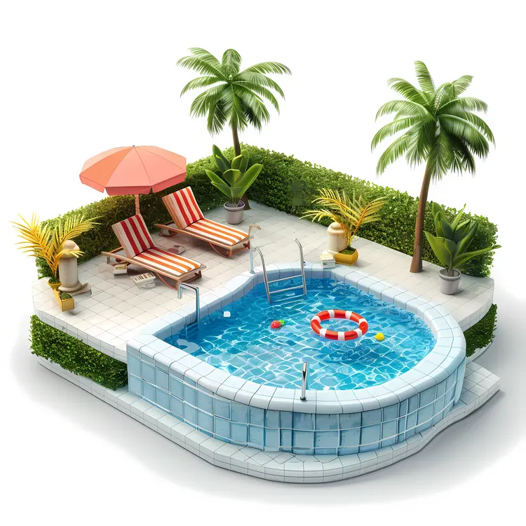 Swimming Pool with Palm Trees and Sun Loungers