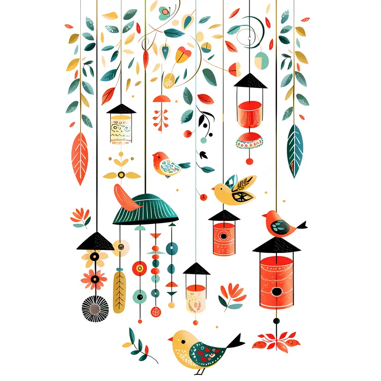 Colorful Birds and Wind Chimes