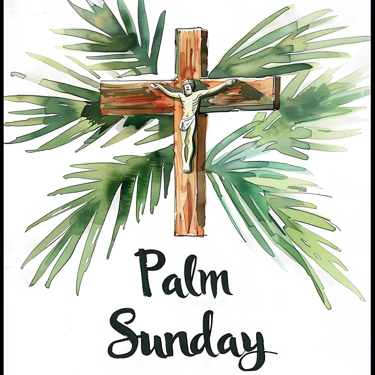 Palm Sunday Cross with Jesus and Palm Leaves