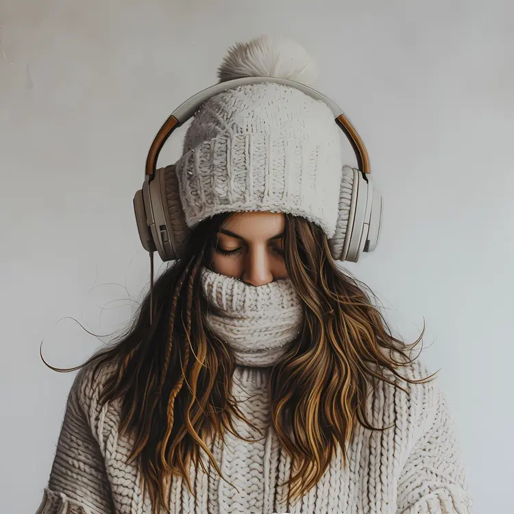 Girl with Headphones in Winter Attire