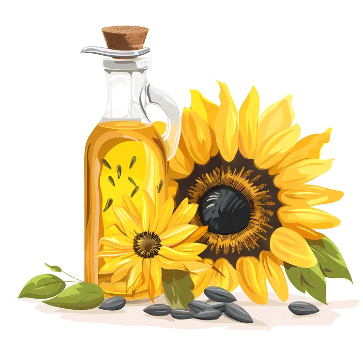 Sunflower Oil Bottle with Sunflowers and Seeds