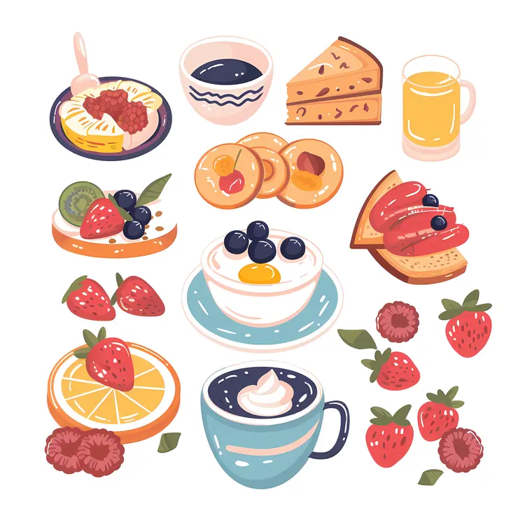 Assorted Breakfast Items with Fruits and Coffee
