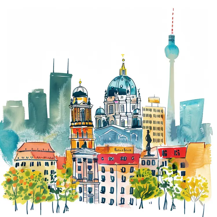 Berlin Cathedral and TV Tower in Watercolor