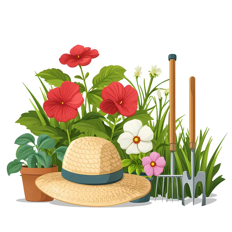 Gardening Tools and Red Flowers with Straw Hat
