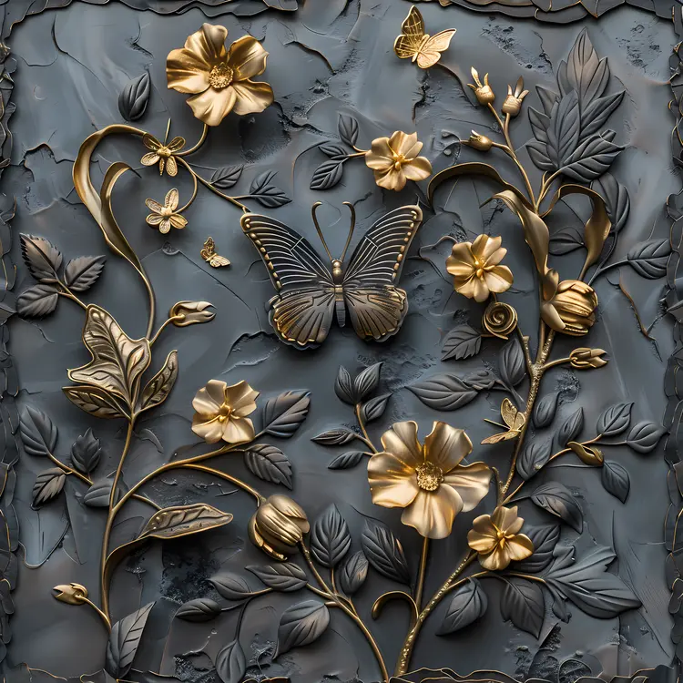 Elegant Gold and Black Butterflies with Flowers