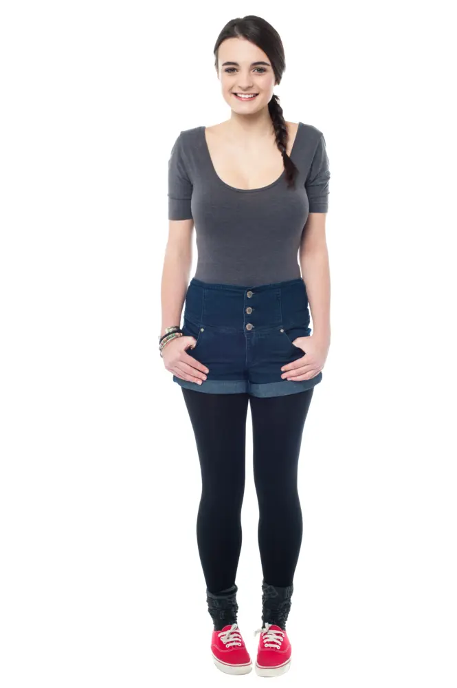 Smiling Woman in Shorts and Tights