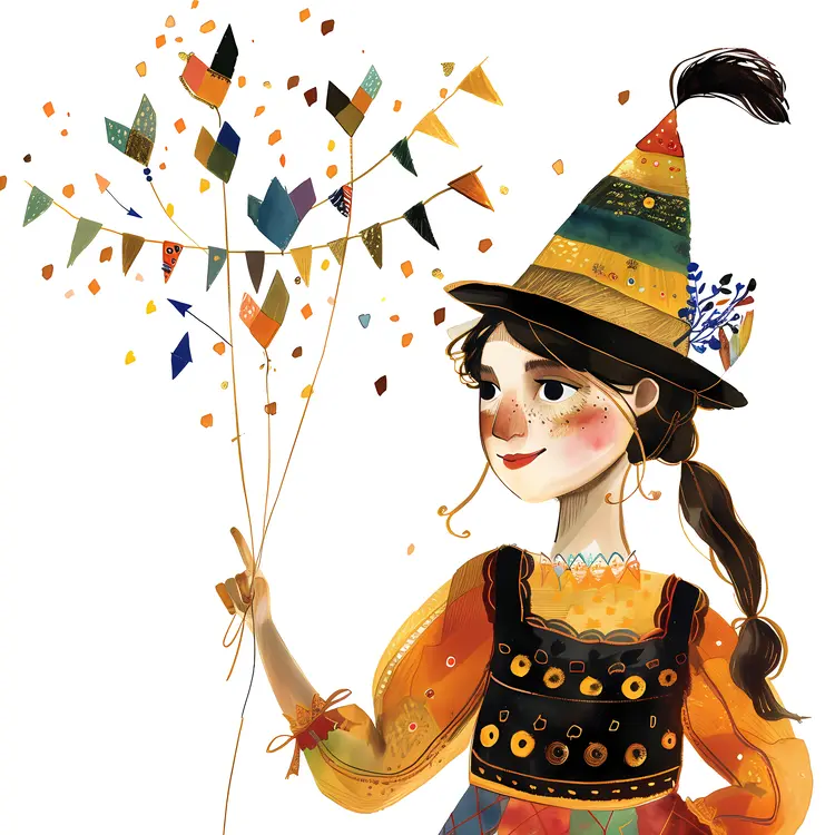 Girl with Colorful Hat and Balloons