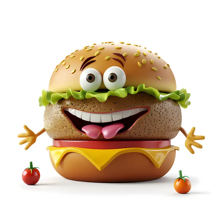 Happy Cartoon Burger with Cheese and Lettuce