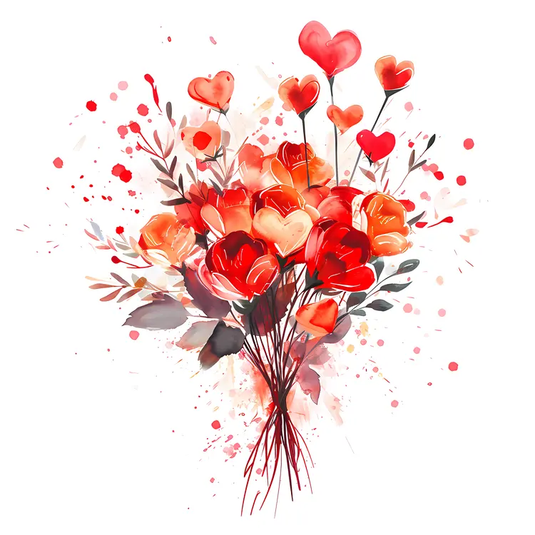 Bouquet of Red Flowers with Hearts