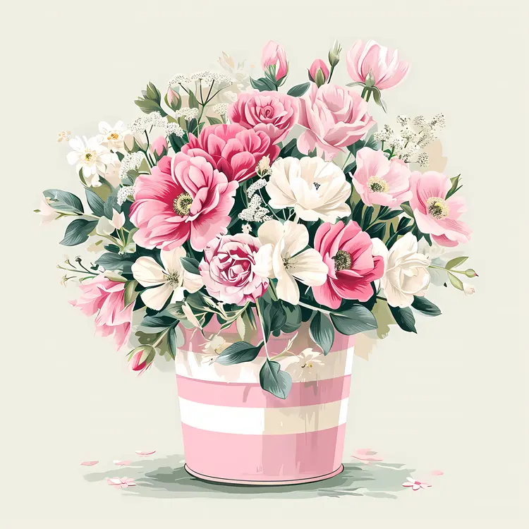 Elegant Pink and White Flower Arrangement in Striped Bucket