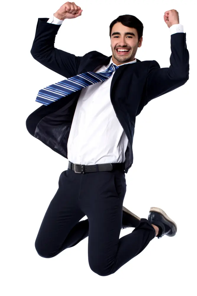 Excited Man Jumping in Suit