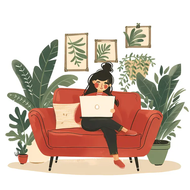 Woman Working on Laptop in Cozy Home Setting