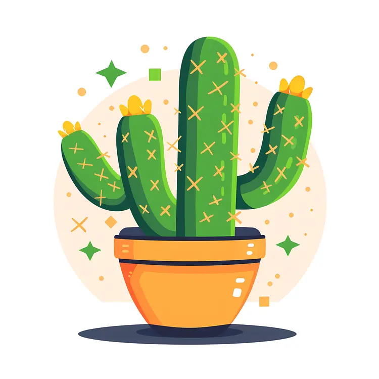 Green Cactus in Orange Pot with Yellow Flowers