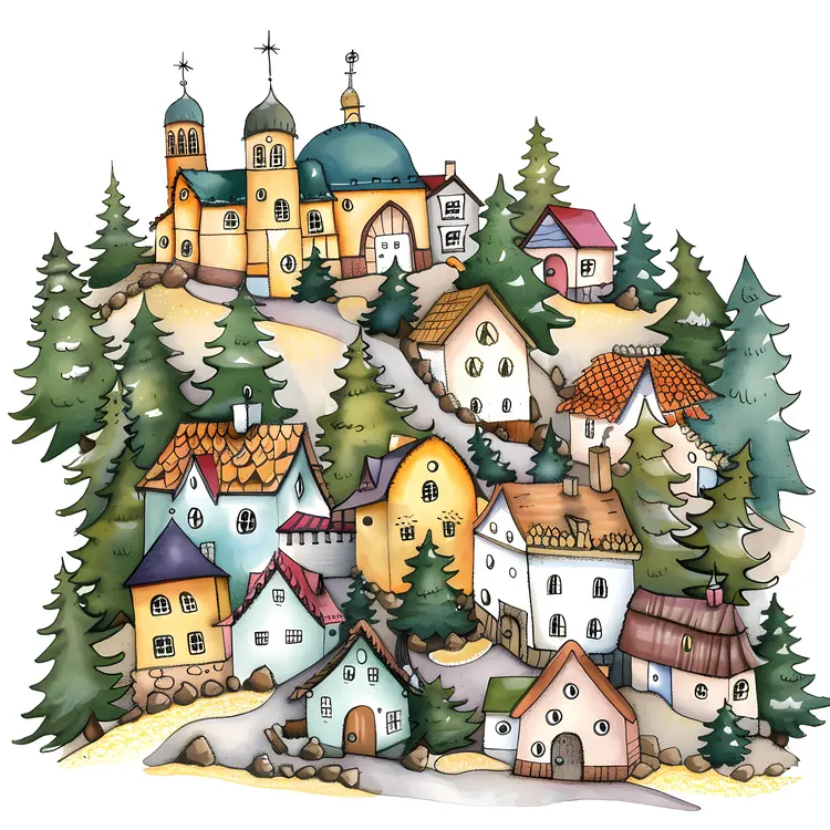 Cute Doodle Village with Colorful Houses