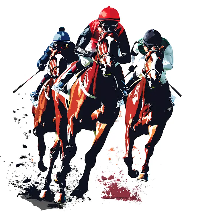 Three Horses Racing with Jockeys