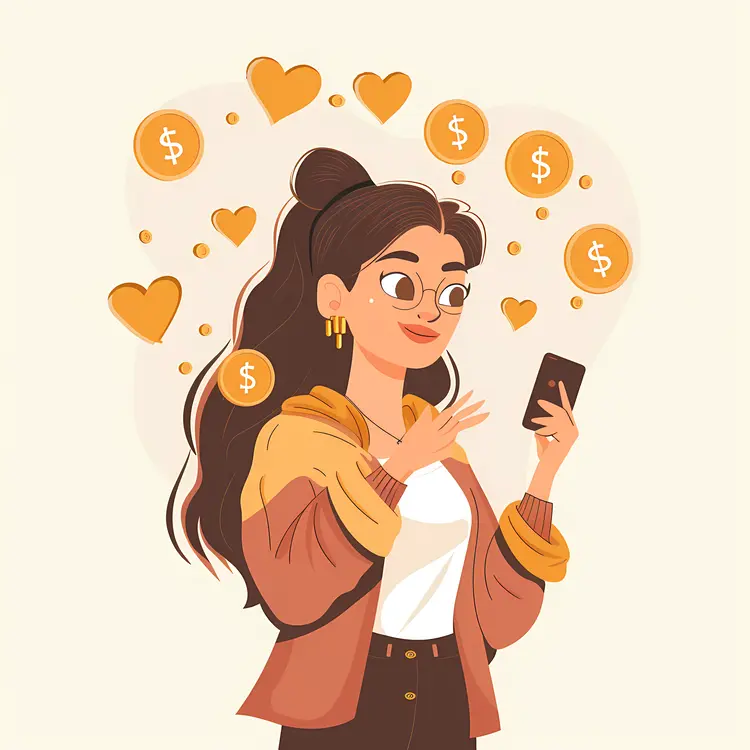 Cartoon Girl with Phone and Dollar Signs