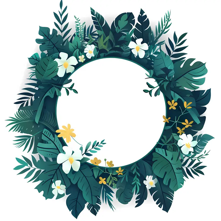 Leafy Wreath with Green Leaves and White Flowers