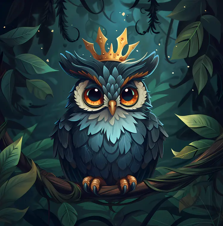 Blue Owl with Crown in Forest