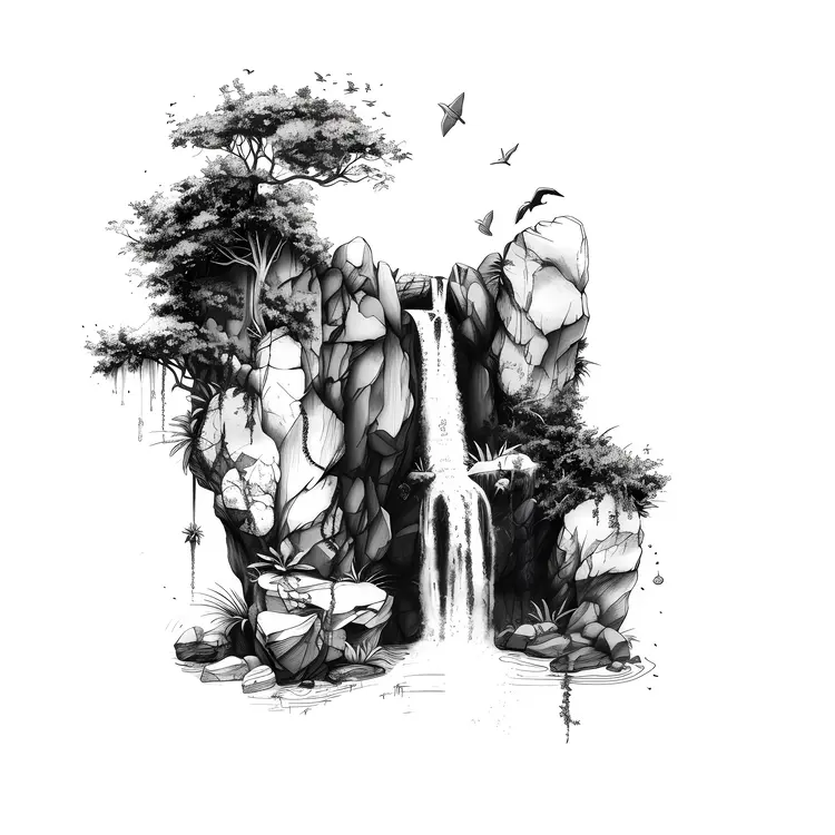 Monochrome Waterfall with Birds