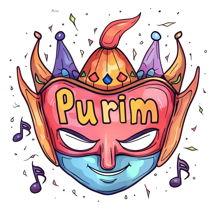 Purim Celebration with Colorful Mask and Music Notes
