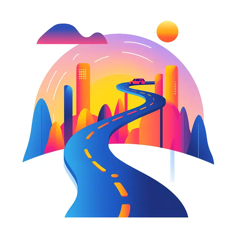 Curved Road Leading to City Skyline at Sunset
