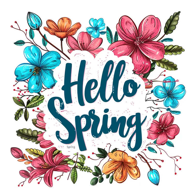 Hello Spring Text with Vibrant Flowers