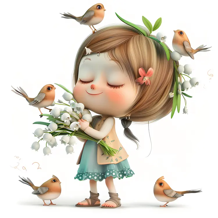 Cute Girl Holding Flowers with Birds