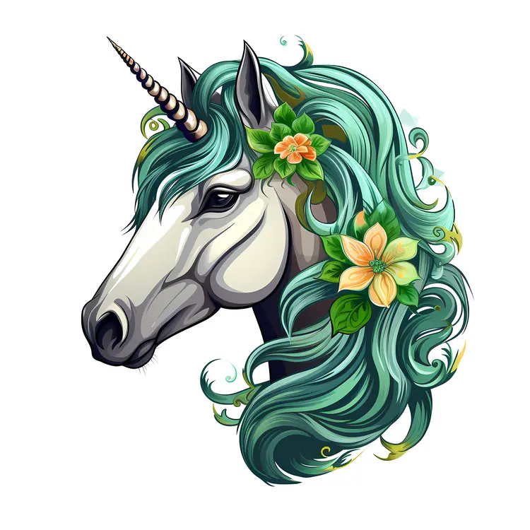 Elegant Unicorn with Green Floral Mane