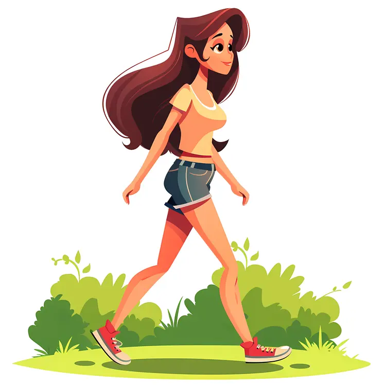 Woman Walking in Orange Top and Denim Shorts