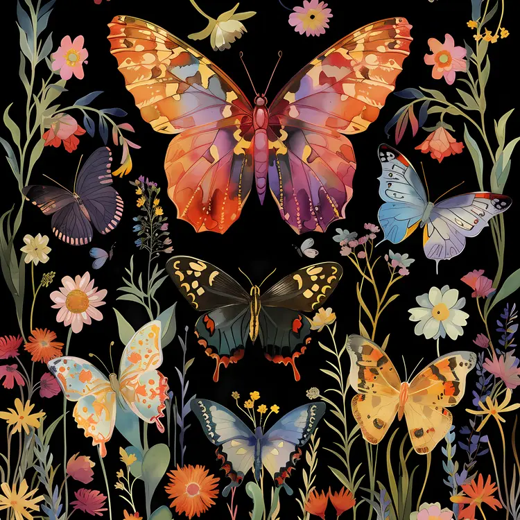 Colorful Butterflies in a Floral Garden